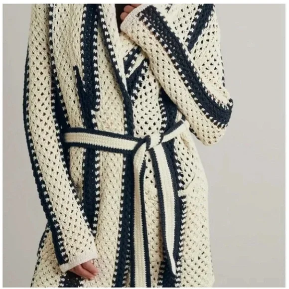 Ralph Lauren Geo Stripe Linen Cotton Crochet Shawl Cardigan Sweater XL NWT - Picture 3 of 5